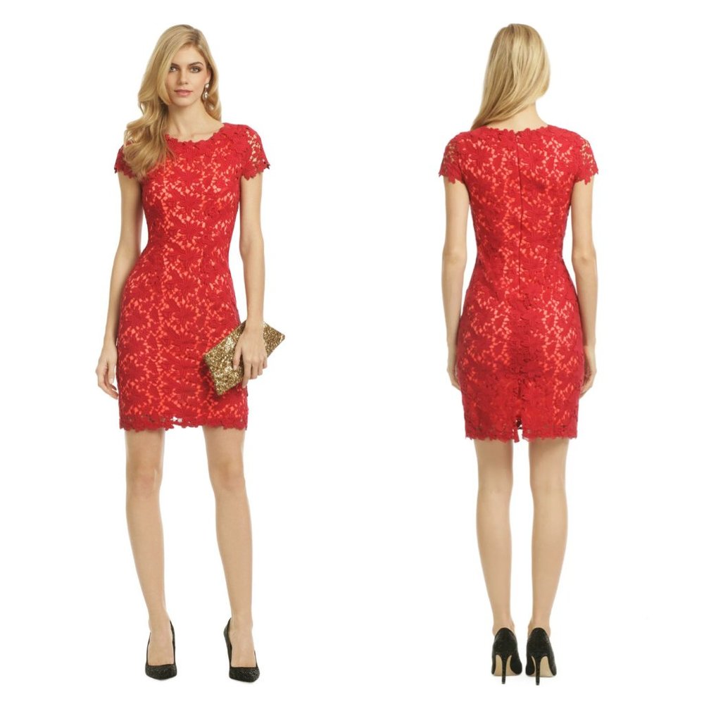 Elie Tahari Dress Red Lace Sheath "Sunset Daisy" EUC